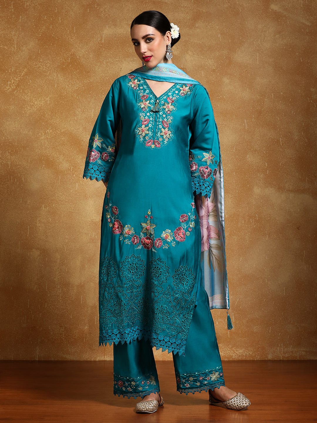 The Kurti Collection Women Floral Heavy Thread Embroidered Schffili Hem Kurta with Trouser & Dupatta