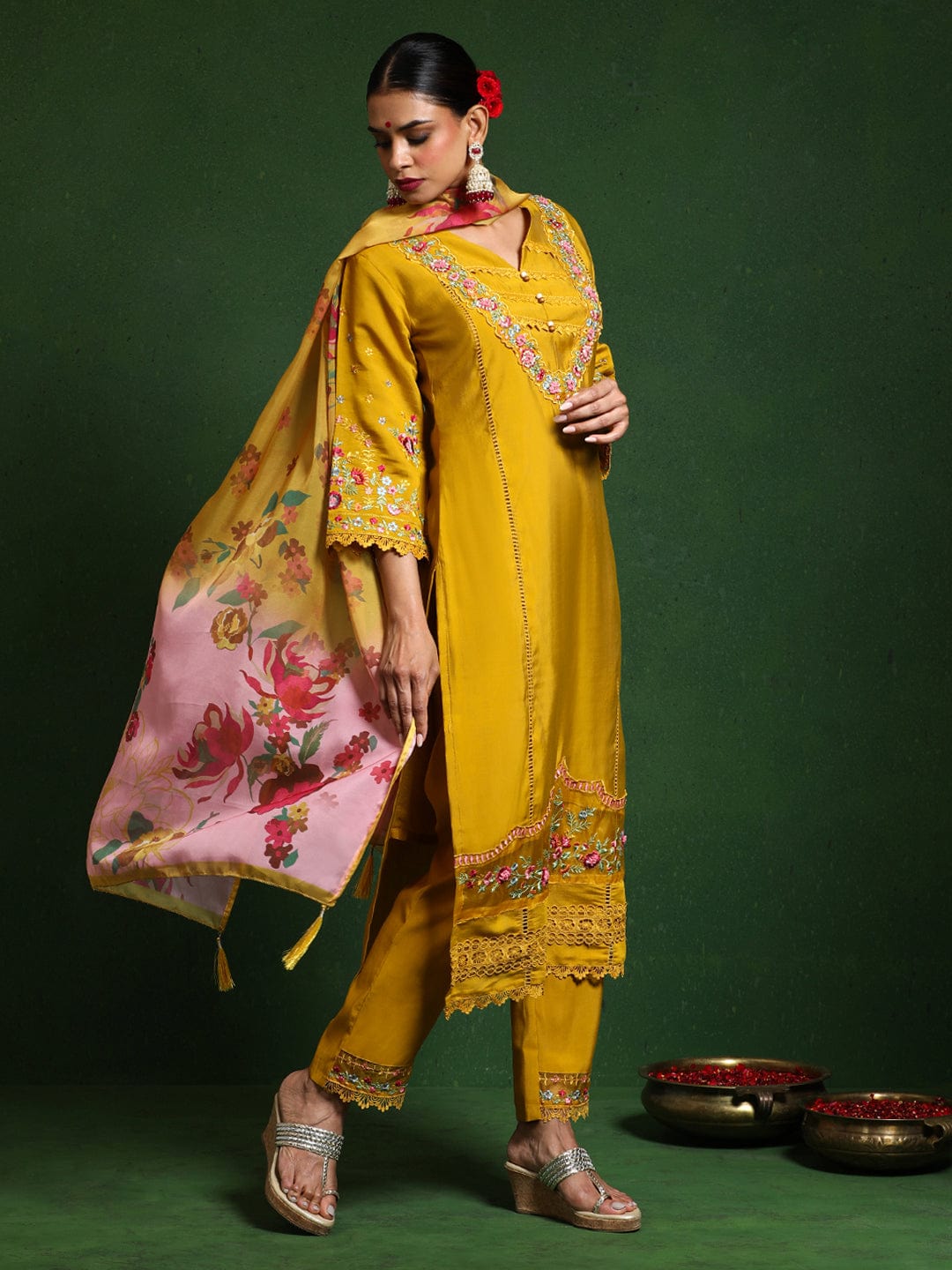 The Kurti Collection Women Floral Heavy Thread Embroidered Schffili Hem Kurta With Trouser & Dupatta