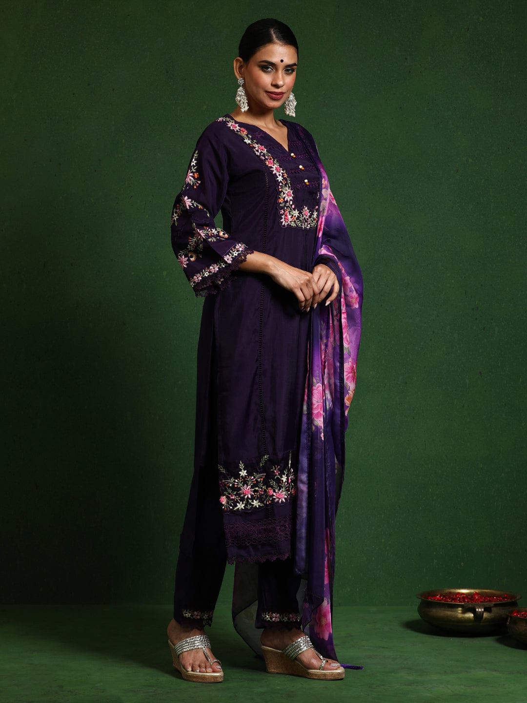 The Kurti Collection Women Floral Heavy Thread Embroidered Schffili Hem Kurta With Trouser & Dupatta