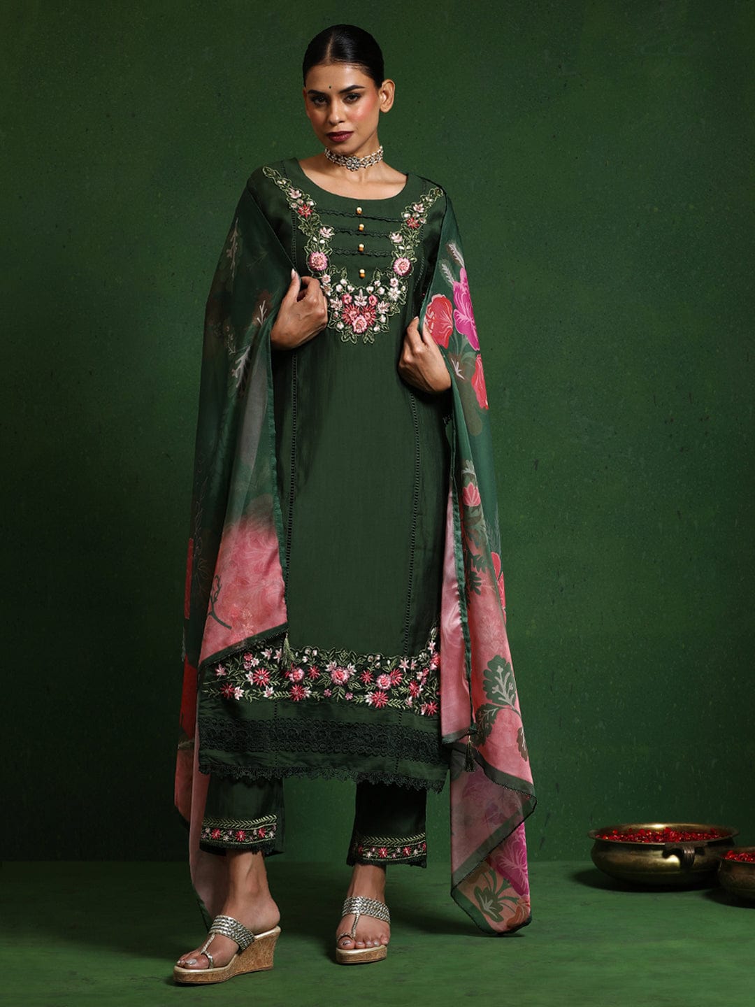 The Kurti Collection Women Floral Heavy Thread Embroidered Schffili Hem Kurta With Trouser & Dupatta