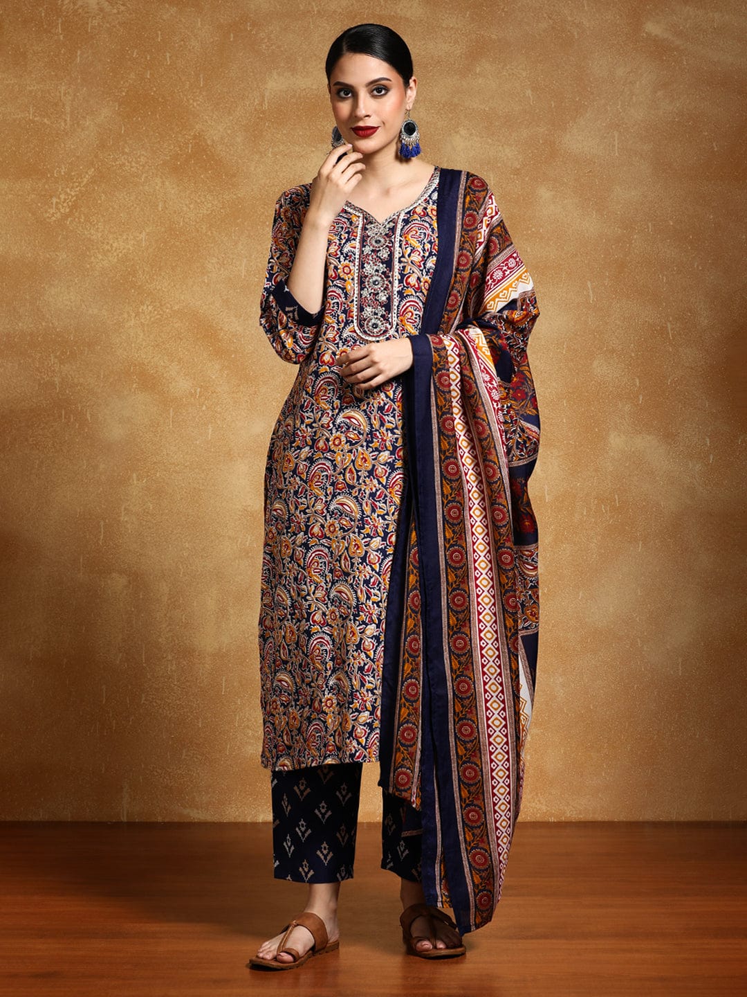 The Kurti Collection Women-Zari Detailed Ethnic Floral Printed Kurta With Trouser & Dupatta