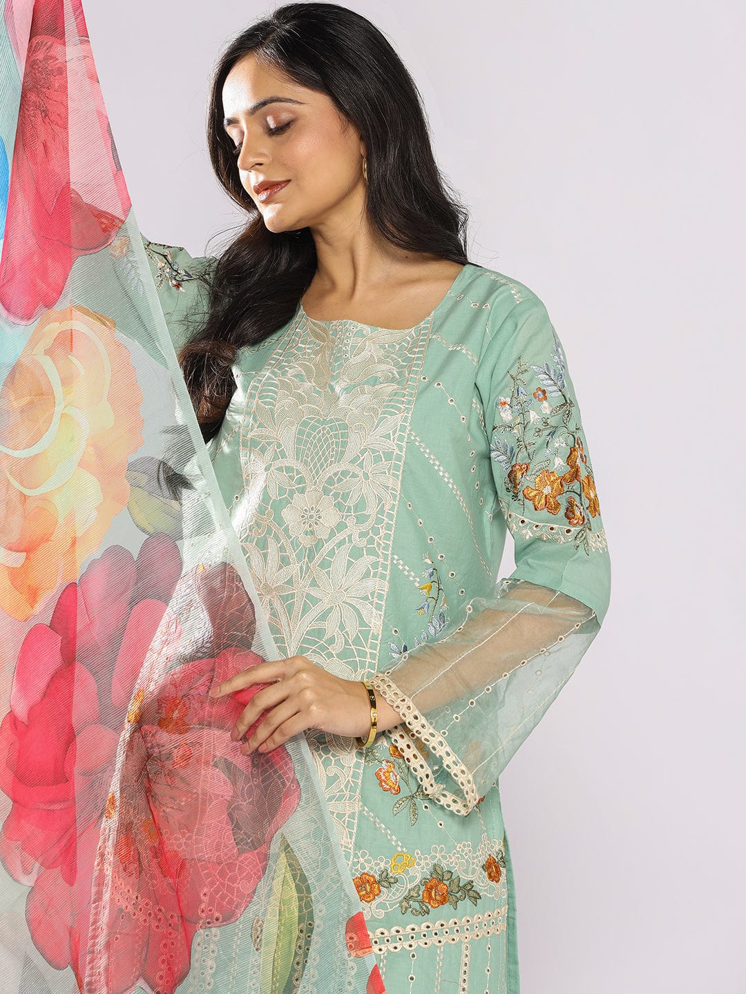 The Kurti Collection Women Floral Embroidered Cotton Straight Kurta with Trousers & Dupatta