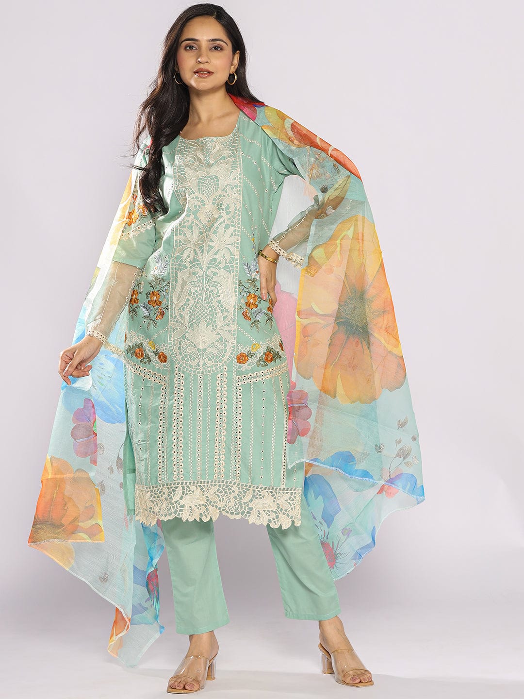The Kurti Collection Women Floral Embroidered Cotton Straight Kurta with Trousers & Dupatta