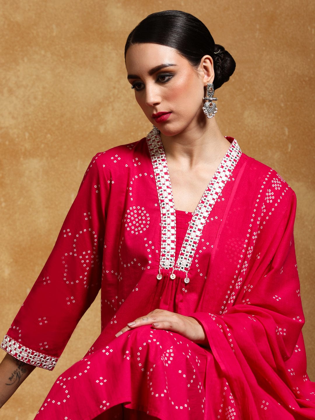 The Kurti Collection Women-Thread Embroidered Bandhani Printed Flared Kurta With Trouser & Dupatta
