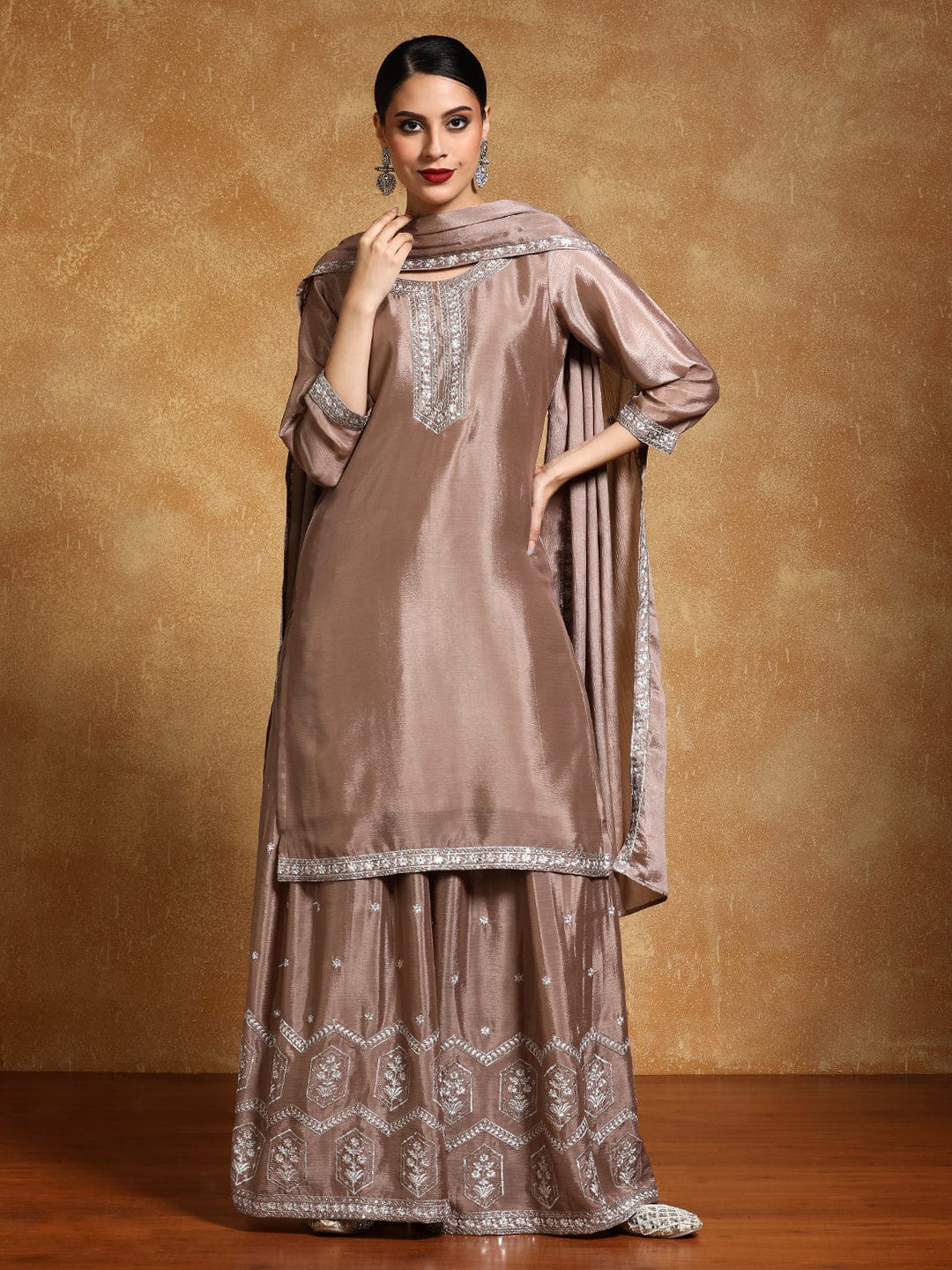 The Kurti Collection Women-Bead Work Kurta With Sharara And Dupatta