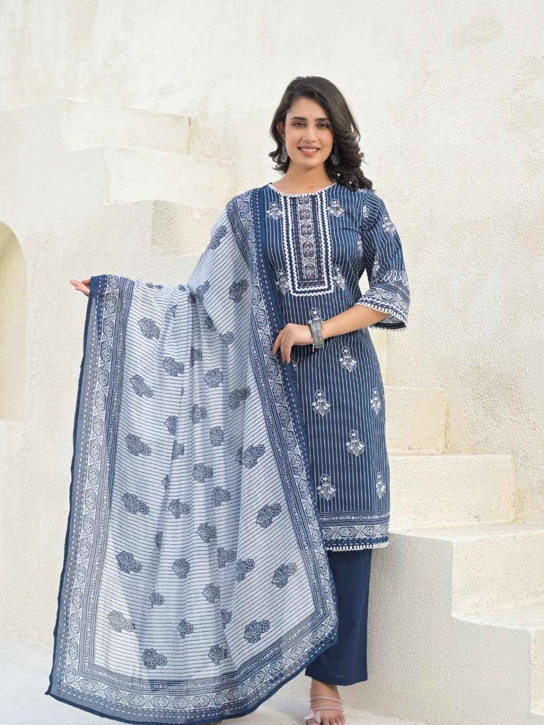 The Kurti Collection Women Stripper with Floral Printed Sequin Embroidered Kurta with Trouser & Dupatta