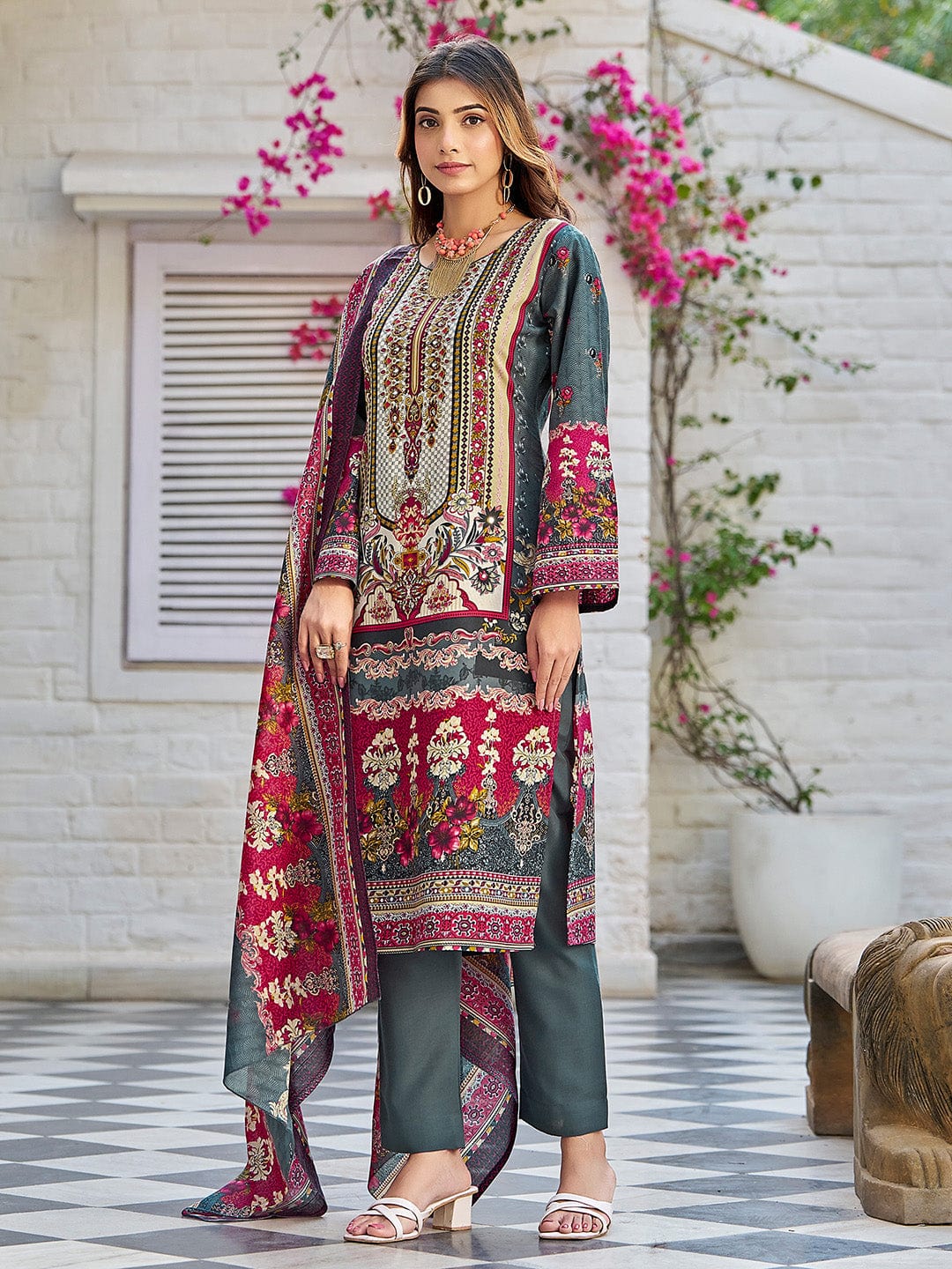 The Kurti Collection Women Ethnic Floral Mirror Embroidered Pakistani Kurta With Trouser & Dupatta