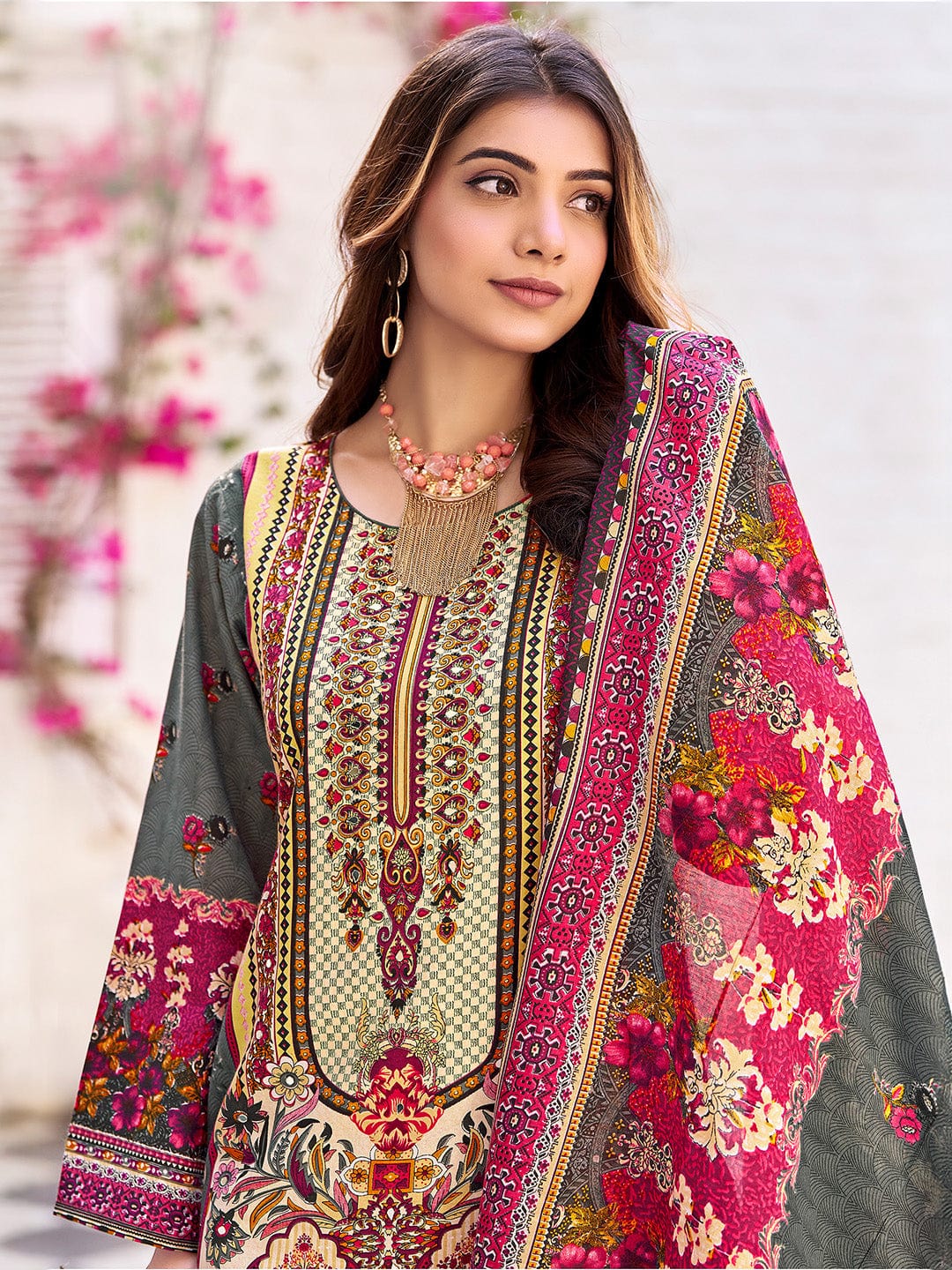 The Kurti Collection Women Ethnic Floral Mirror Embroidered Pakistani Kurta With Trouser & Dupatta