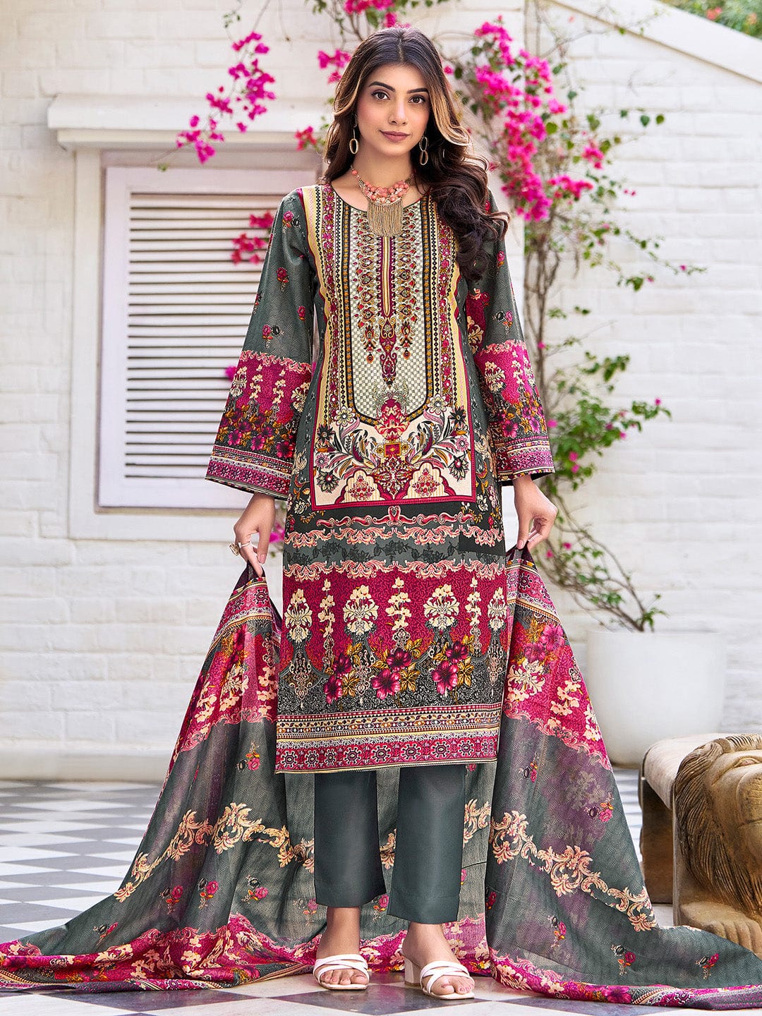 The Kurti Collection Women Ethnic Floral Mirror Embroidered Pakistani Kurta With Trouser & Dupatta