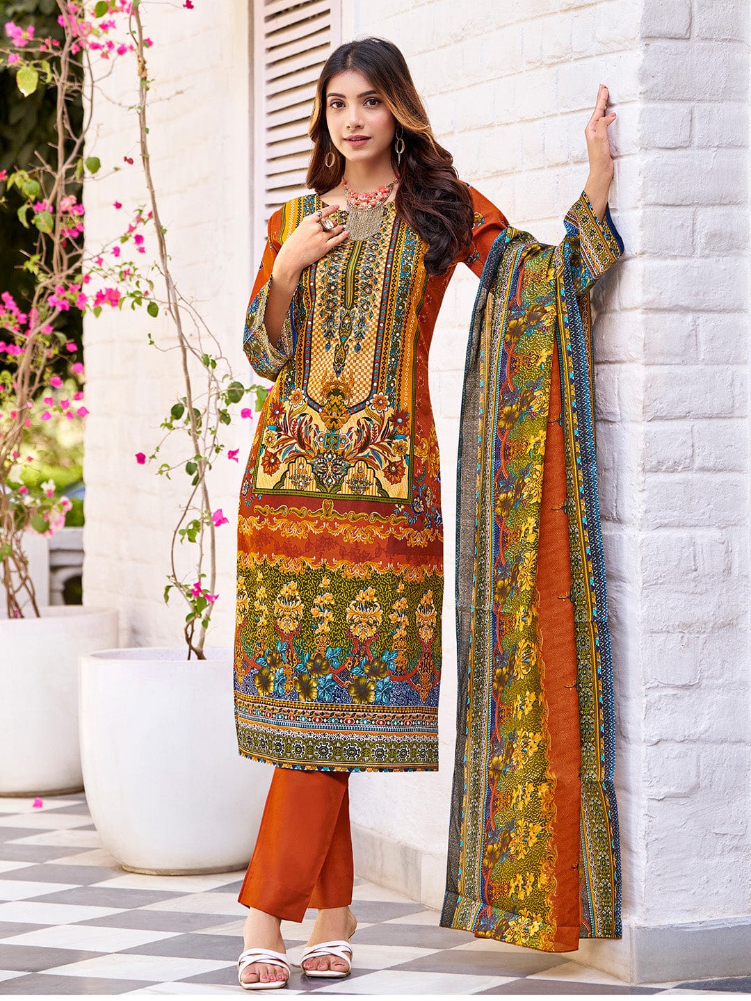 The Kurti Collection Women Ethnic Floral Mirror Embroidered Pakistani Kurta With Trouser & Dupatta