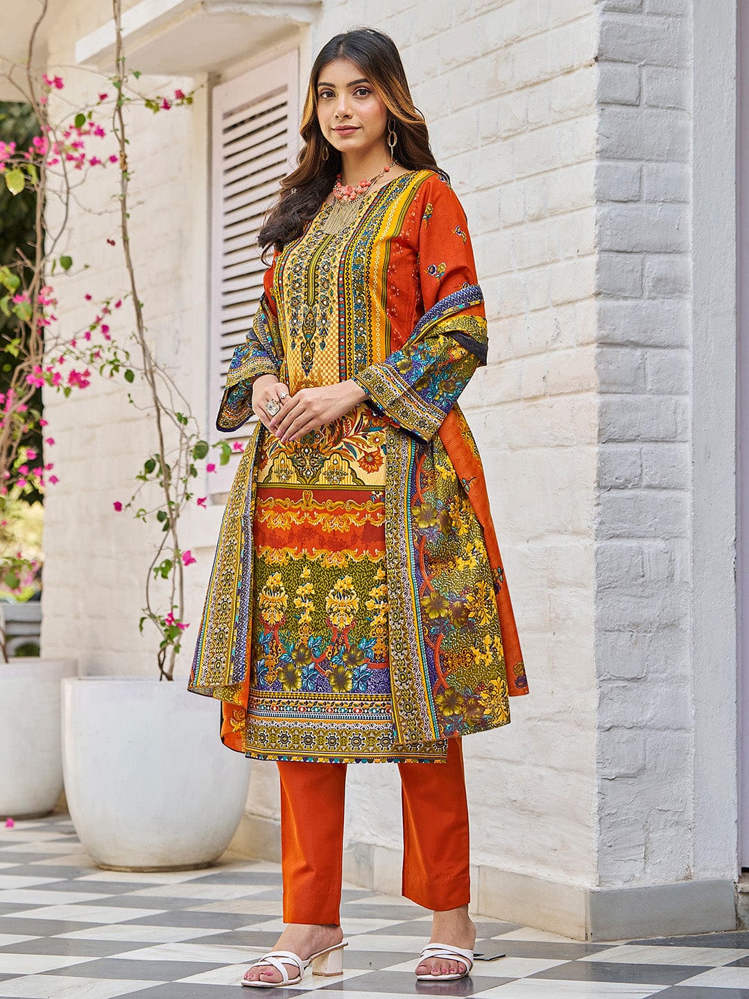 The Kurti Collection Women Ethnic Floral Mirror Embroidered Pakistani Kurta With Trouser & Dupatta