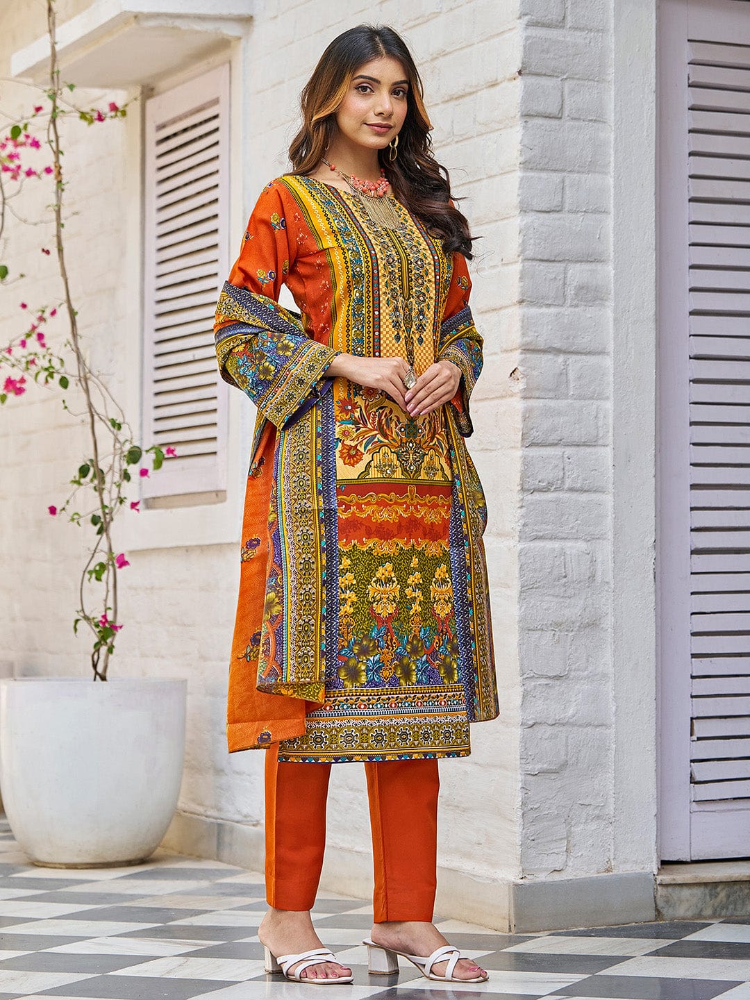 The Kurti Collection Women Ethnic Floral Mirror Embroidered Pakistani Kurta With Trouser & Dupatta