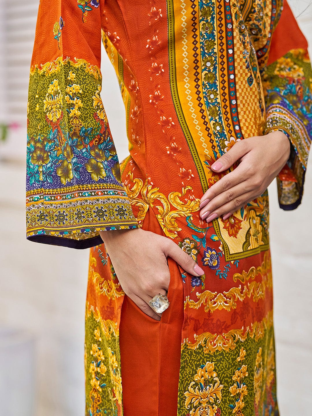 The Kurti Collection Women Ethnic Floral Mirror Embroidered Pakistani Kurta With Trouser & Dupatta