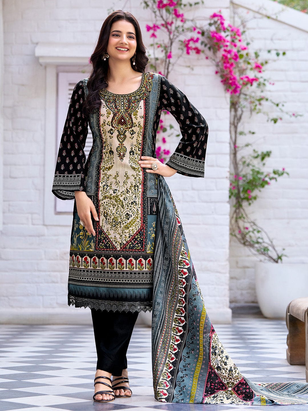 The Kurti Collection Women Ethnic Floral Mirror Embroidered Pakistani Kurta With Trouser & Dupatta
