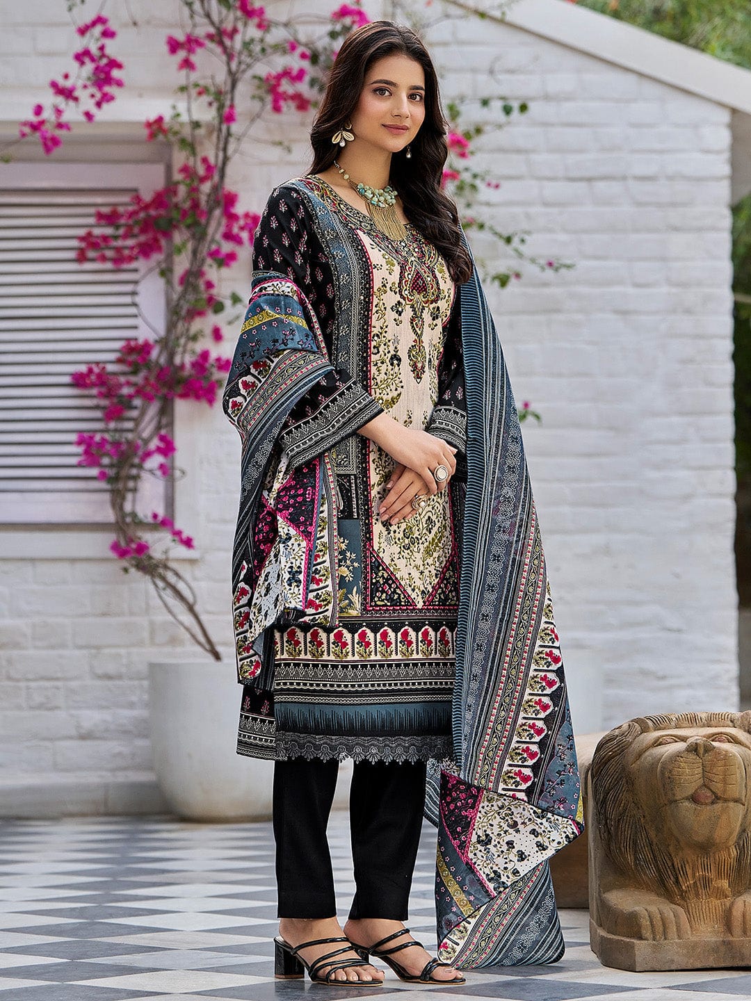 The Kurti Collection Women Ethnic Floral Mirror Embroidered Pakistani Kurta With Trouser & Dupatta
