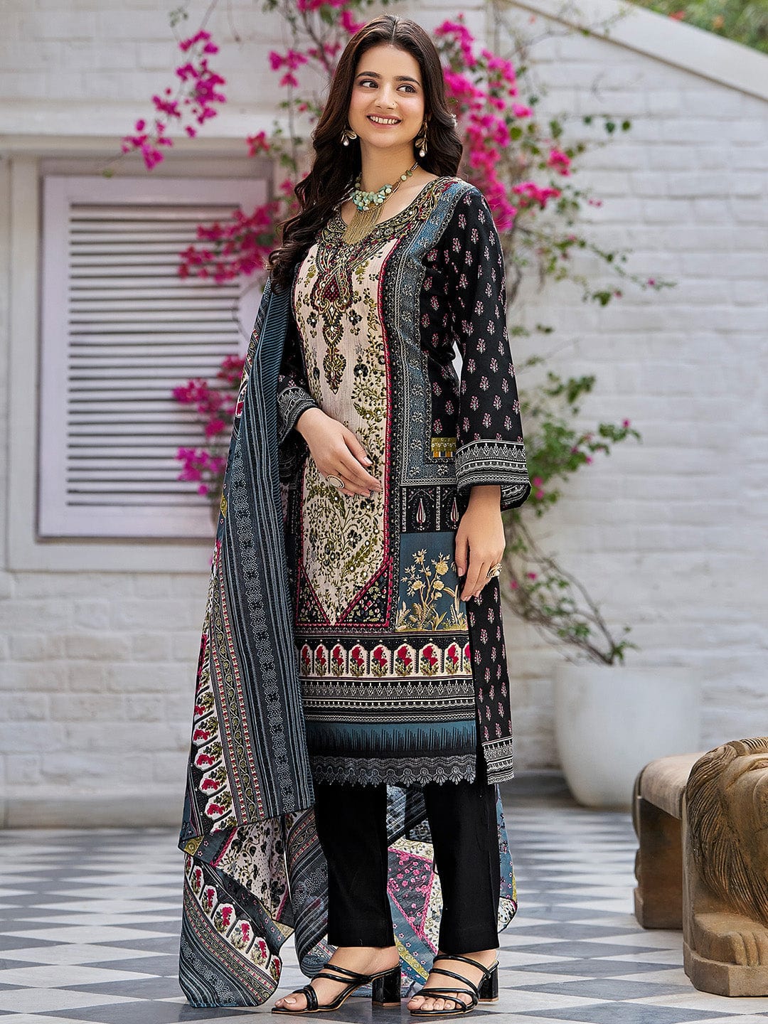 The Kurti Collection Women Ethnic Floral Mirror Embroidered Pakistani Kurta With Trouser & Dupatta