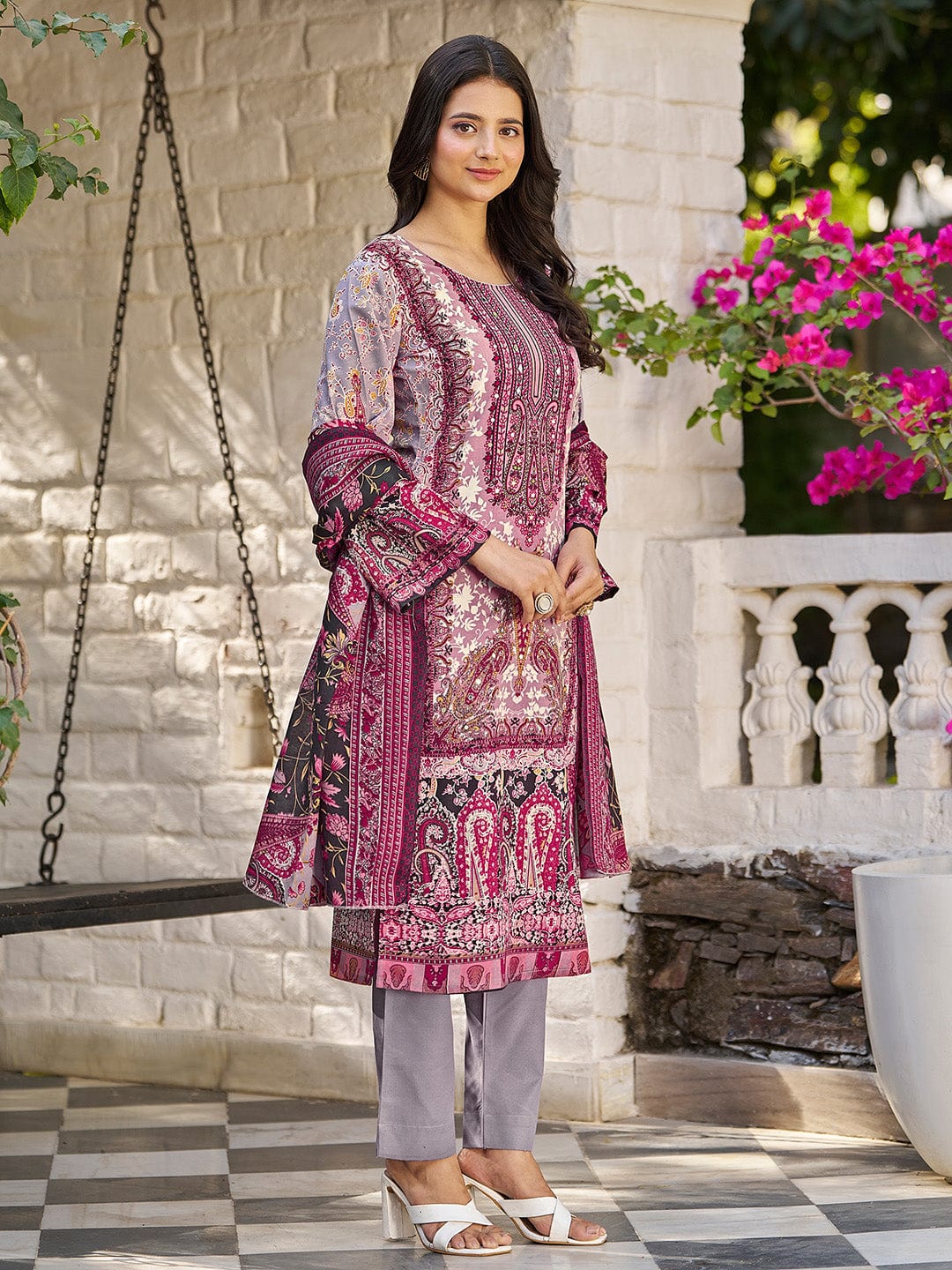 The Kurti Collection Women Ethnic Floral Mirror Embroidered Pakistani Kurta With Trouser & Dupatta