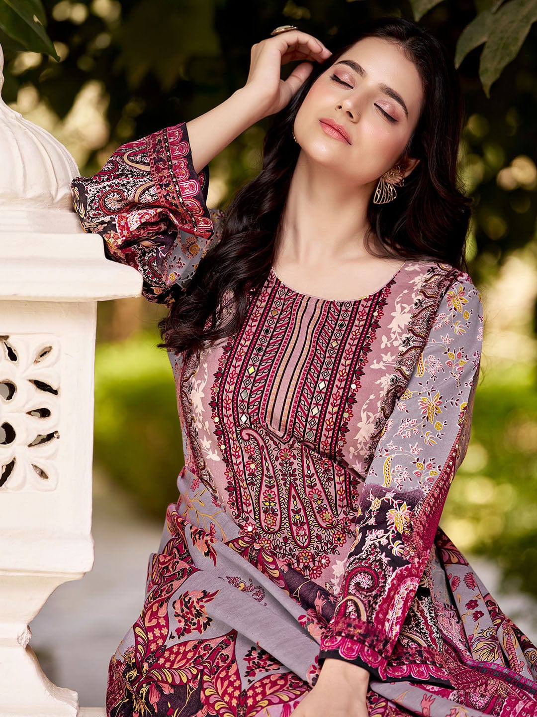 The Kurti Collection Women Ethnic Floral Mirror Embroidered Pakistani Kurta With Trouser & Dupatta