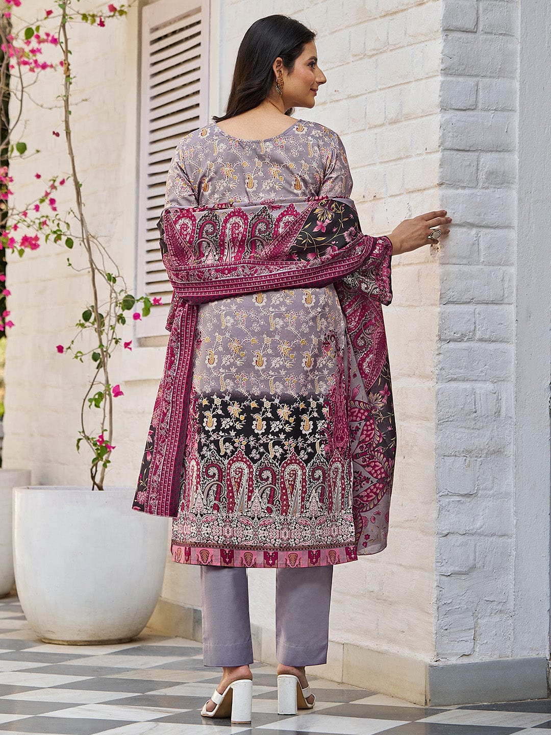 The Kurti Collection Women Ethnic Floral Mirror Embroidered Pakistani Kurta With Trouser & Dupatta