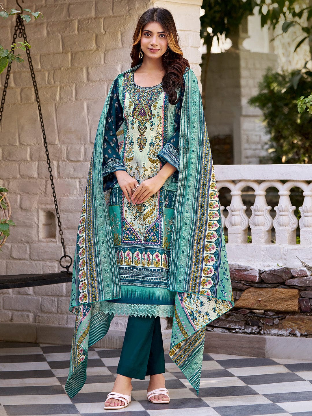 The Kurti Collection Women Ethnic Floral Mirror Embroidered Pakistani Kurta With Trouser & Dupatta