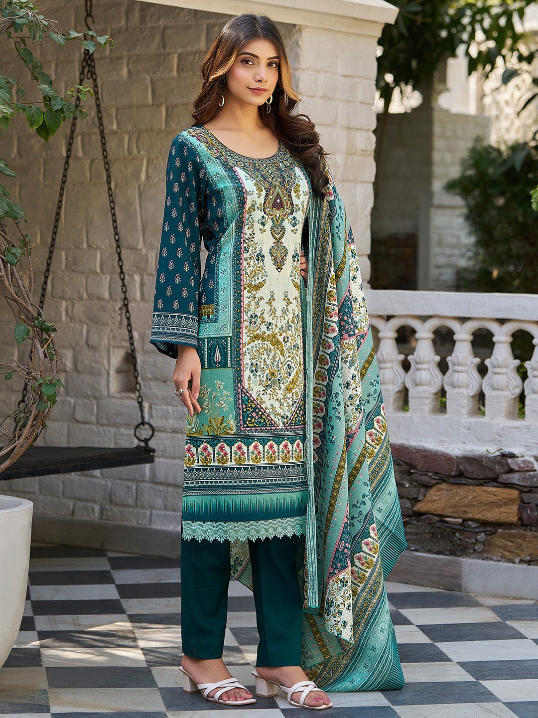 The Kurti Collection Women Ethnic Floral Mirror Embroidered Pakistani Kurta With Trouser & Dupatta