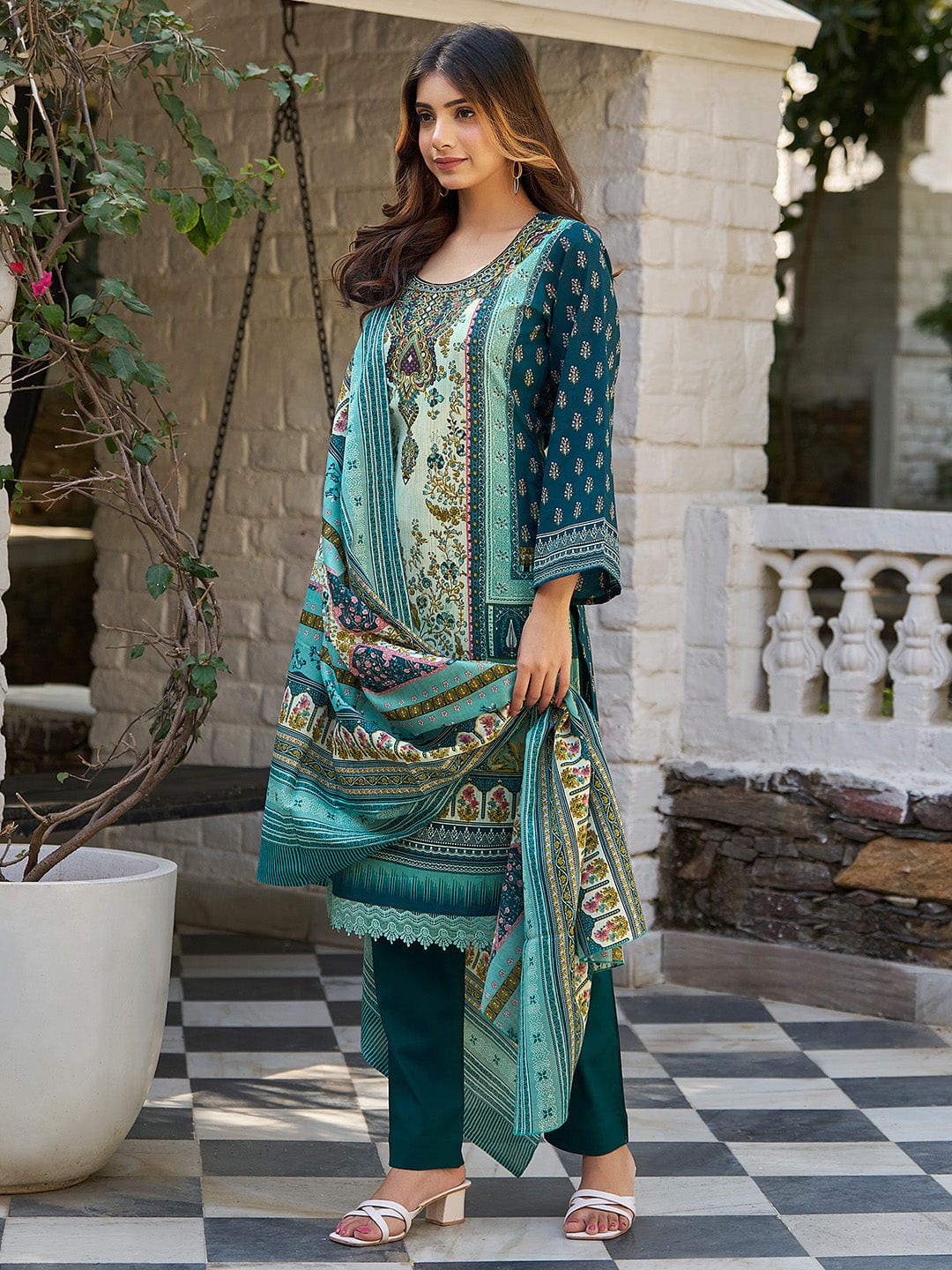 The Kurti Collection Women Ethnic Floral Mirror Embroidered Pakistani Kurta With Trouser & Dupatta