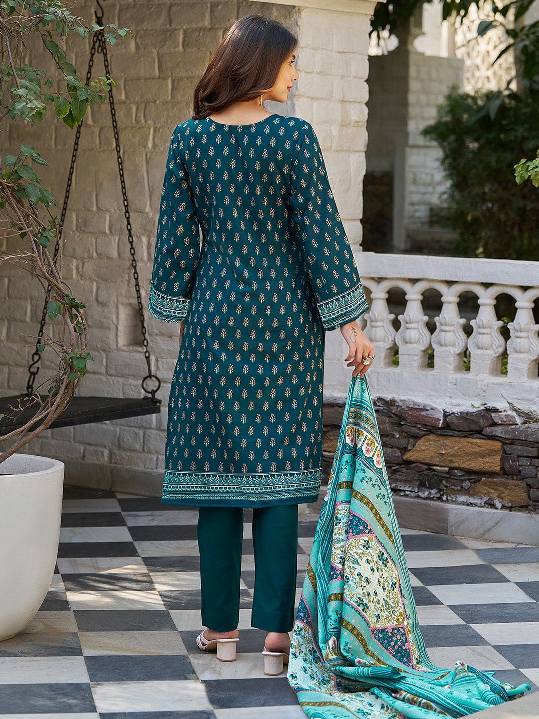 The Kurti Collection Women Ethnic Floral Mirror Embroidered Pakistani Kurta With Trouser & Dupatta