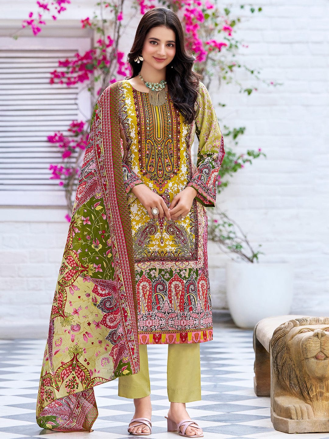 The Kurti Collection Women Ethnic Floral Mirror Embroidered Pakistani Kurta With Trouser & Dupatta