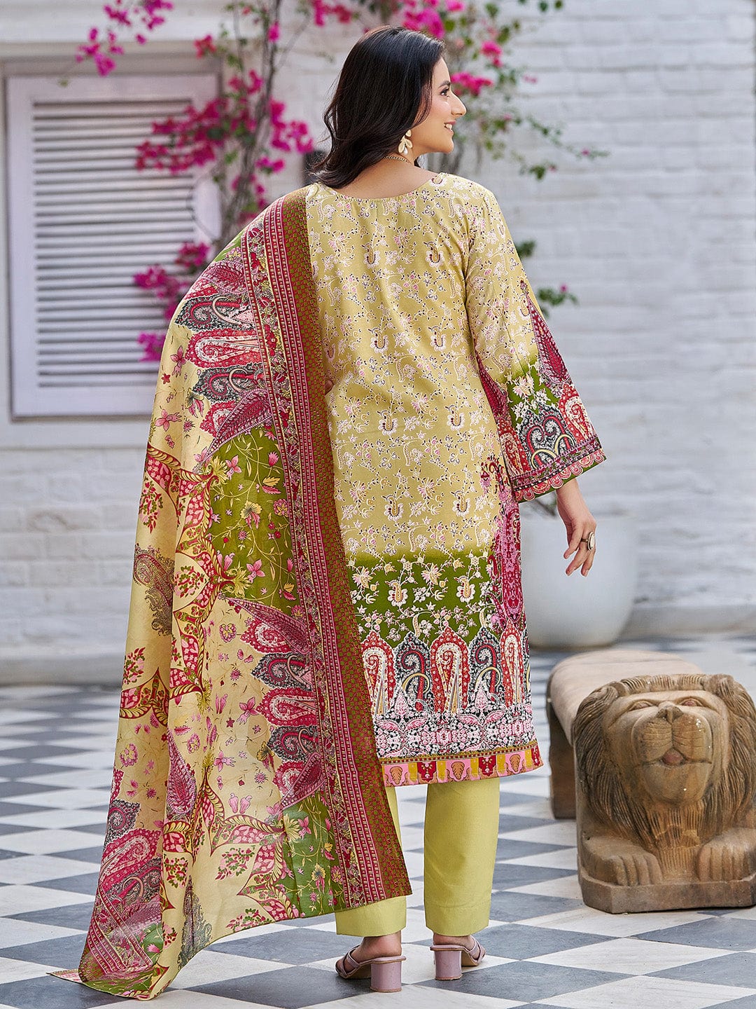 The Kurti Collection Women Ethnic Floral Mirror Embroidered Pakistani Kurta With Trouser & Dupatta