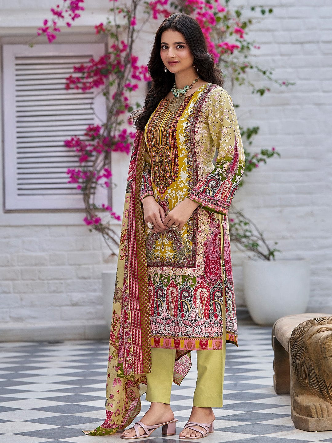 The Kurti Collection Women Ethnic Floral Mirror Embroidered Pakistani Kurta With Trouser & Dupatta