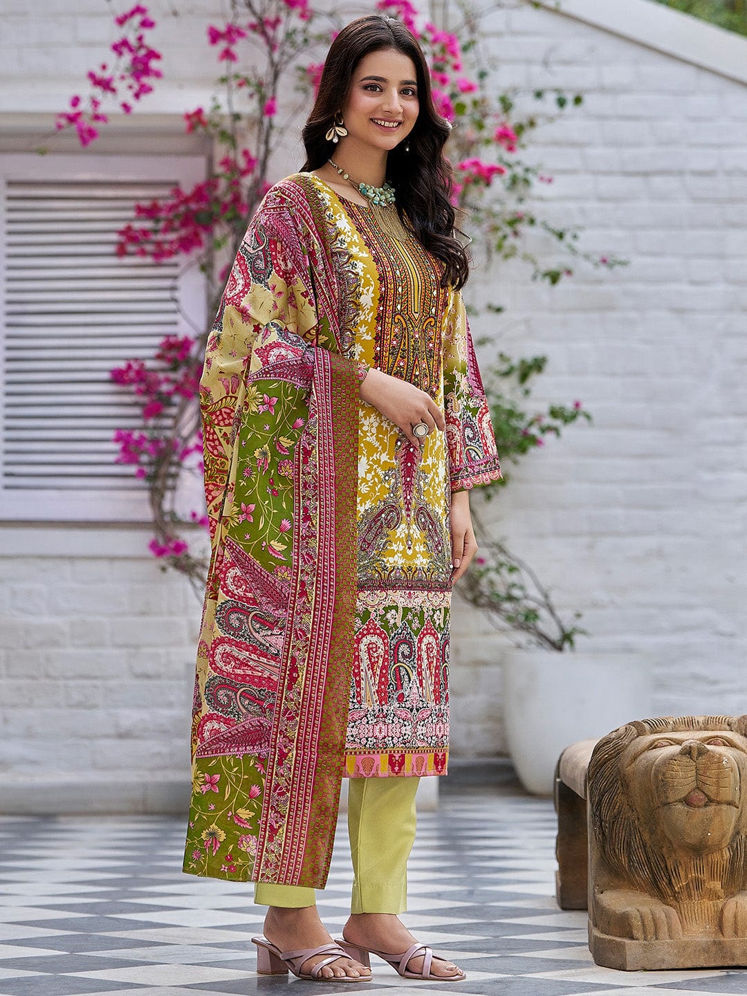 The Kurti Collection Women Ethnic Floral Mirror Embroidered Pakistani Kurta With Trouser & Dupatta