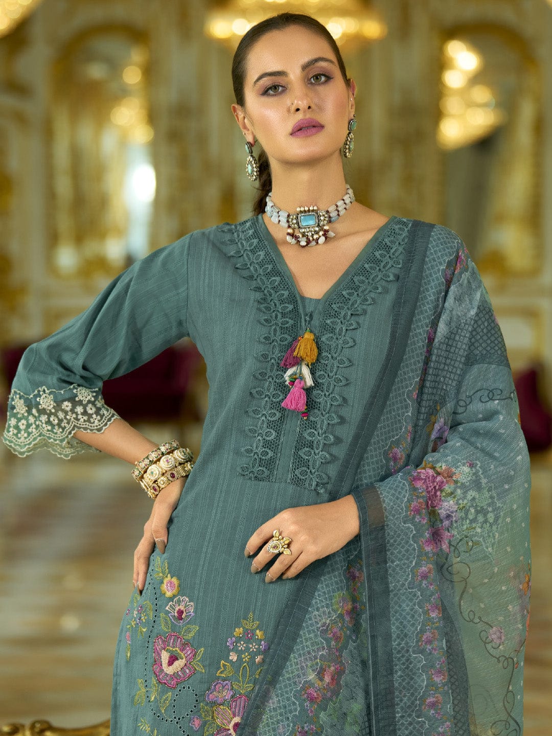 The Kurti Collection Women-Floral Motif Thread Embroidered Schiffli & Orangza Lace Detailed Kurta With Trouser & Dupatta