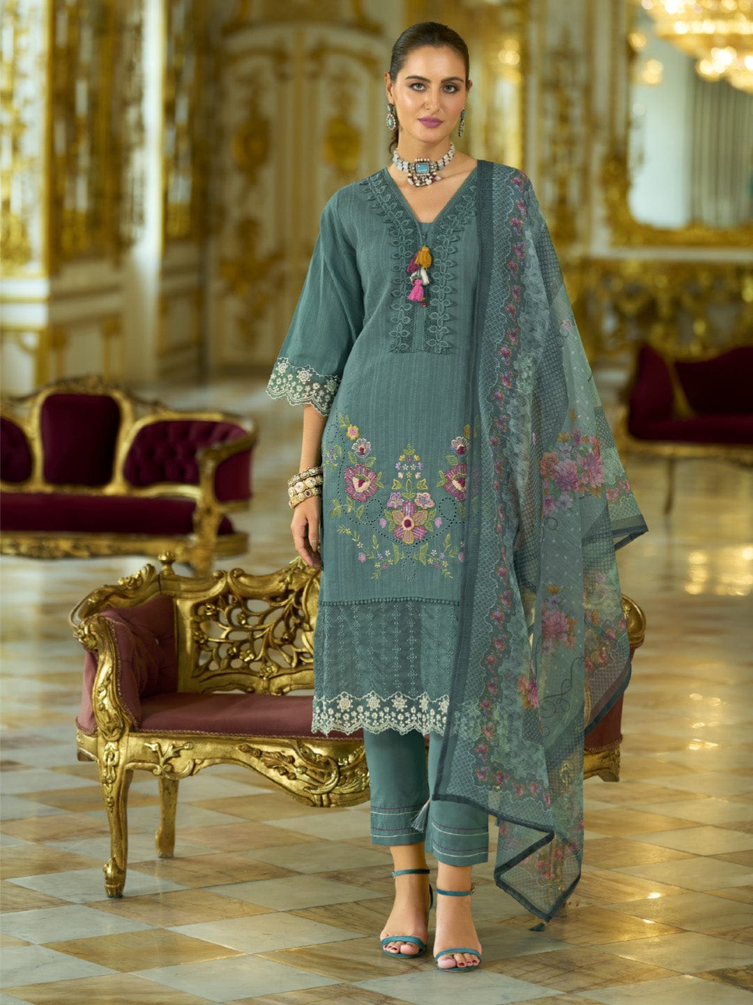 The Kurti Collection Women-Floral Motif Thread Embroidered Schiffli & Orangza Lace Detailed Kurta With Trouser & Dupatta