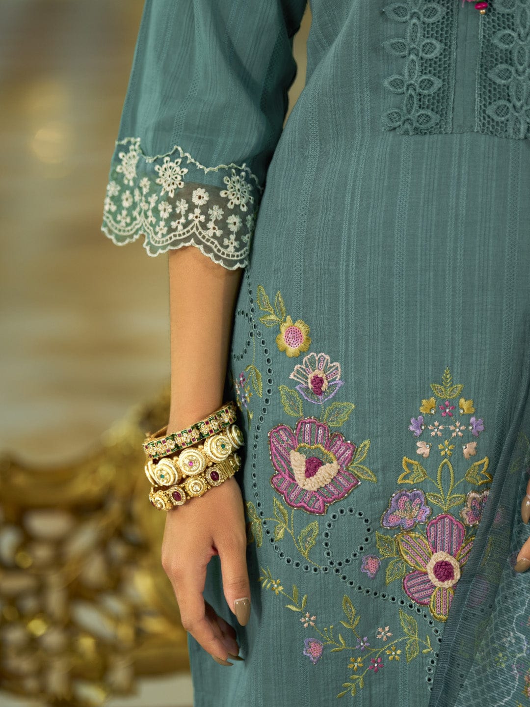 The Kurti Collection Women-Floral Motif Thread Embroidered Schiffli & Orangza Lace Detailed Kurta With Trouser & Dupatta