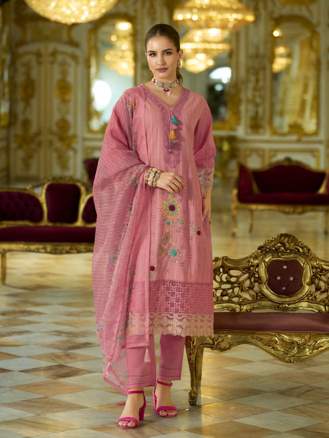 The Kurti Collection Women-Floral Motif Thread Embroidered Schiffli & Orangza Lace Detailed Kurta With Trouser & Dupatta