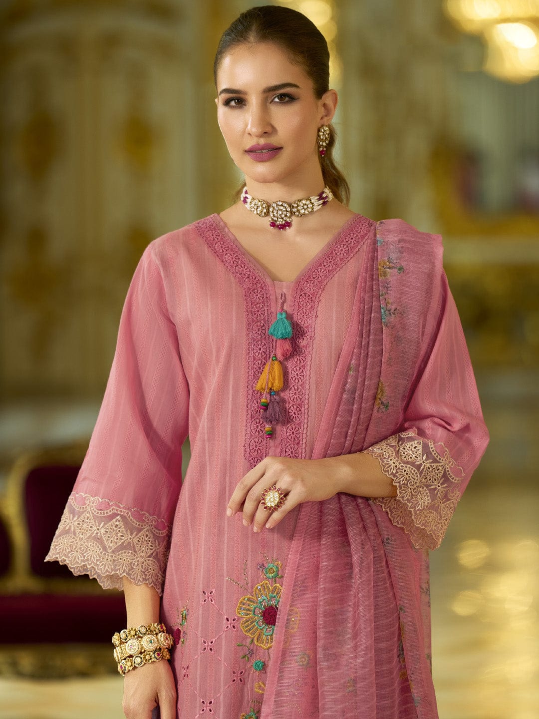 The Kurti Collection Women-Floral Motif Thread Embroidered Schiffli & Orangza Lace Detailed Kurta With Trouser & Dupatta