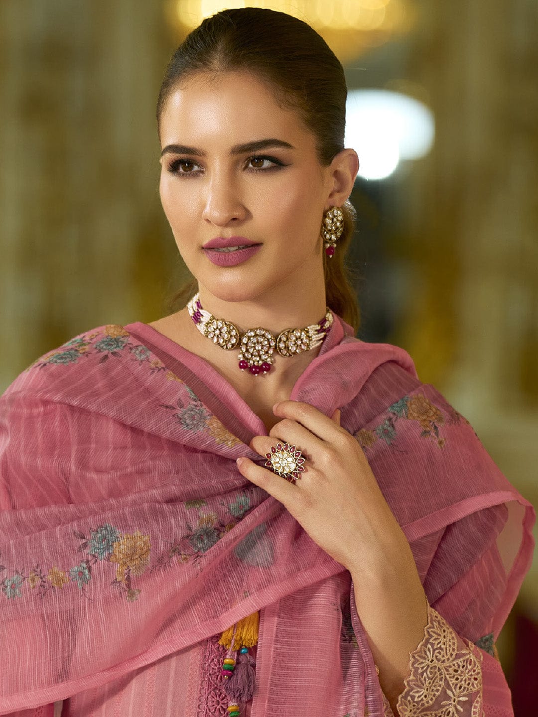 The Kurti Collection Women-Floral Motif Thread Embroidered Schiffli & Orangza Lace Detailed Kurta With Trouser & Dupatta