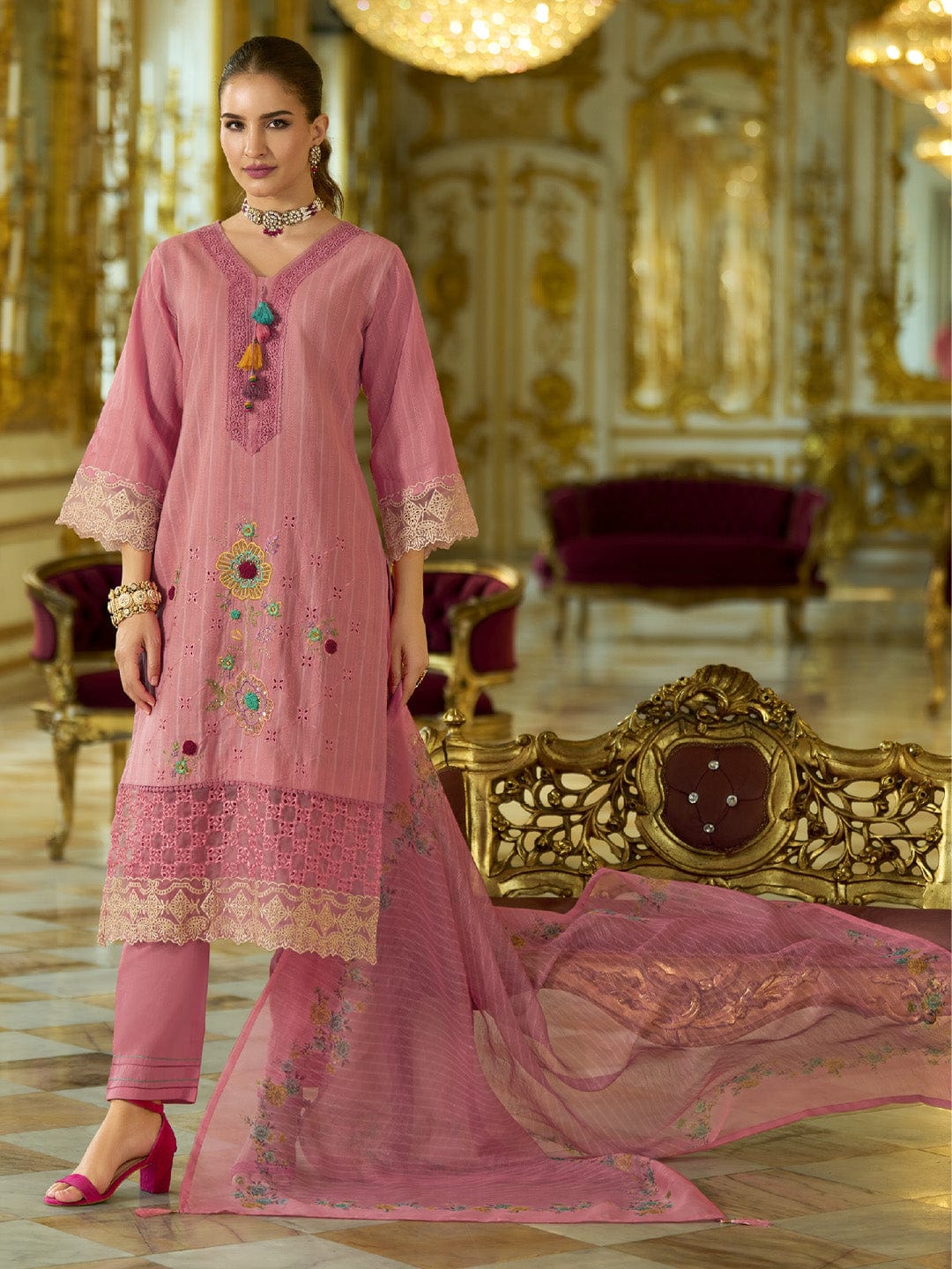 The Kurti Collection Women-Floral Motif Thread Embroidered Schiffli & Orangza Lace Detailed Kurta With Trouser & Dupatta