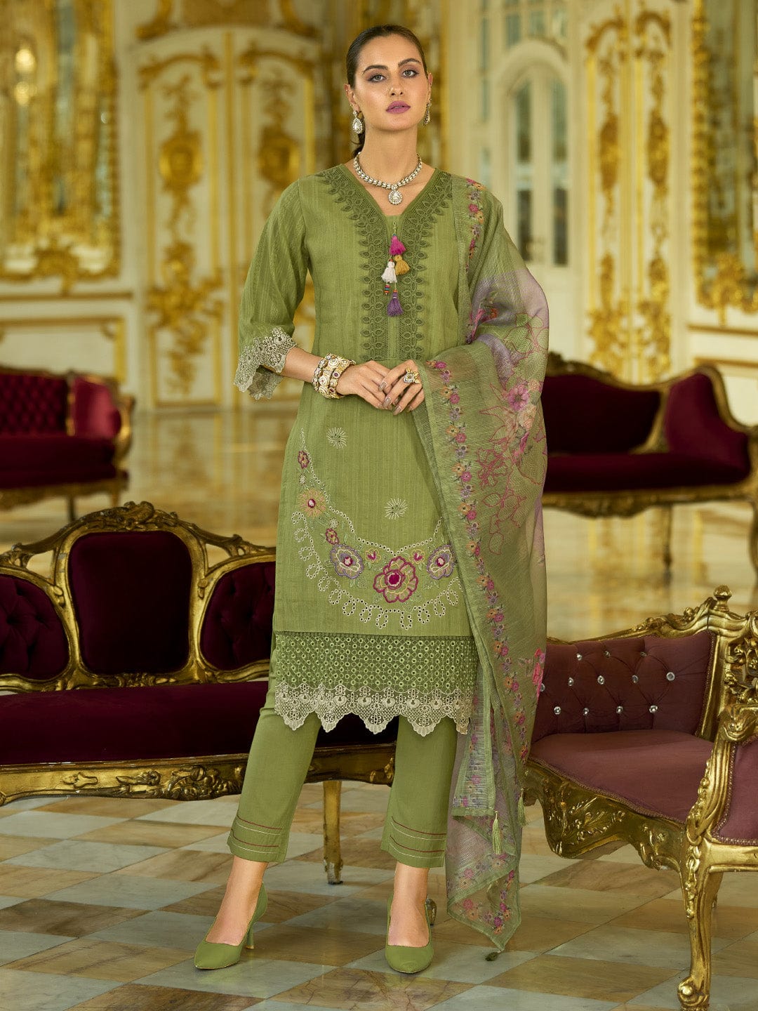 The Kurti Collection Women-Floral Motif Thread Embroidered Schiffli & Orangza Lace Detailed Kurta With Trouser & Dupatta