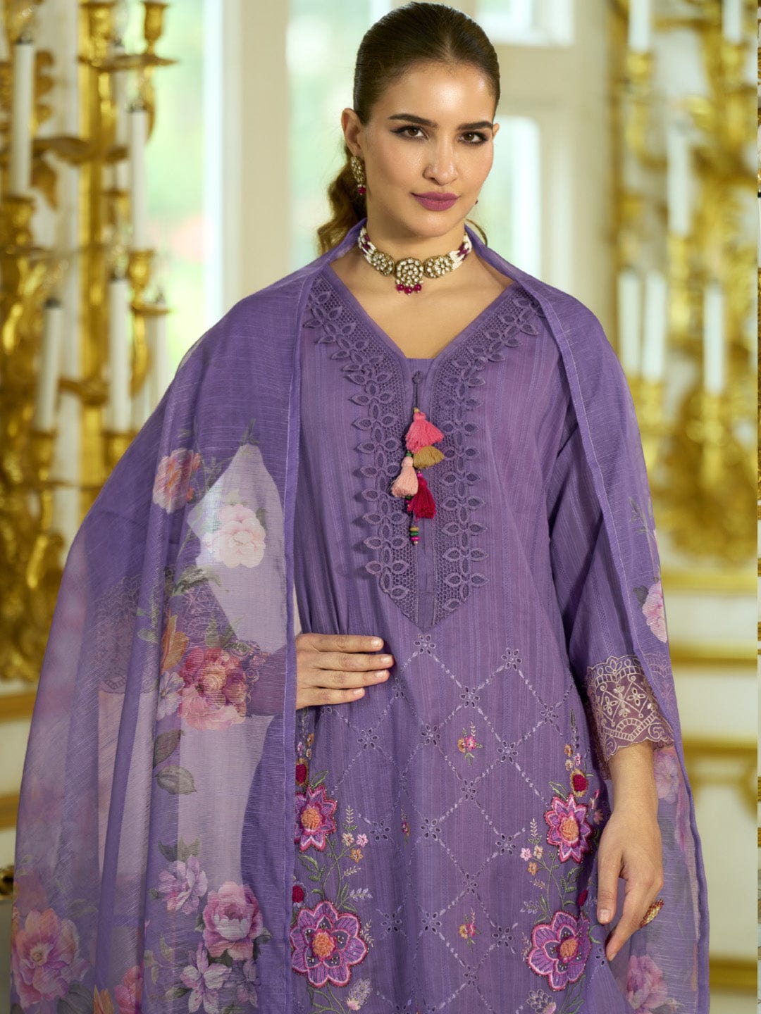 The Kurti Collection Women-Floral Motif Thread Embroidered Schiffli & Orangza Lace Detailed Kurta With Trouser & Dupatta