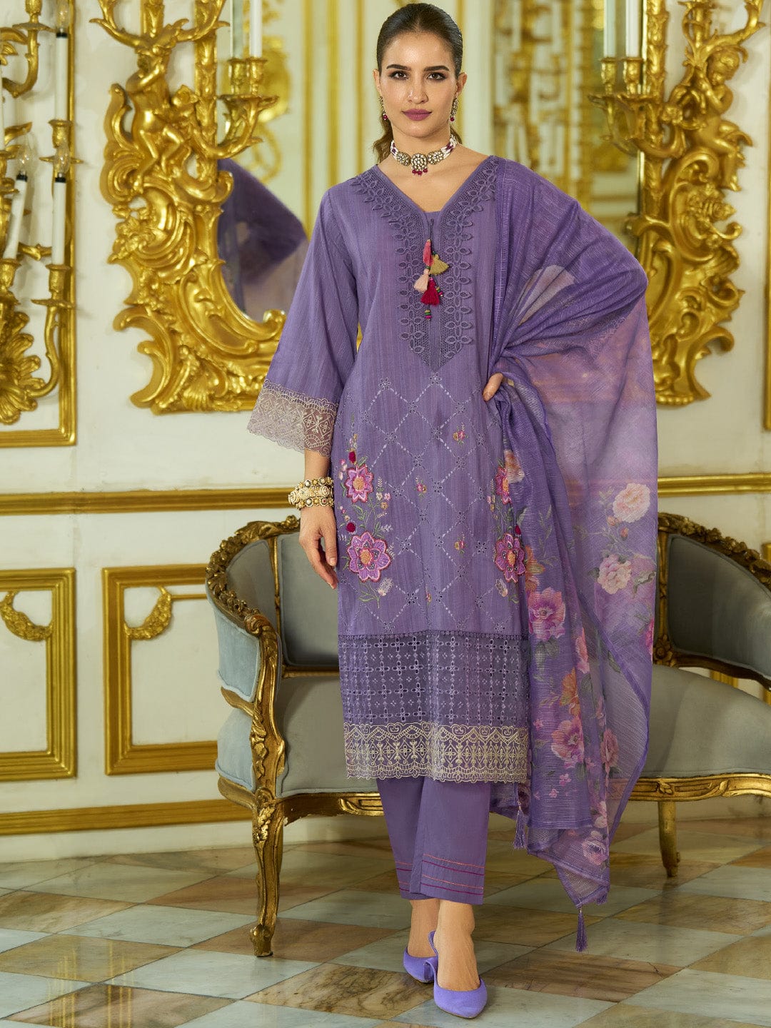 The Kurti Collection Women-Floral Motif Thread Embroidered Schiffli & Orangza Lace Detailed Kurta With Trouser & Dupatta