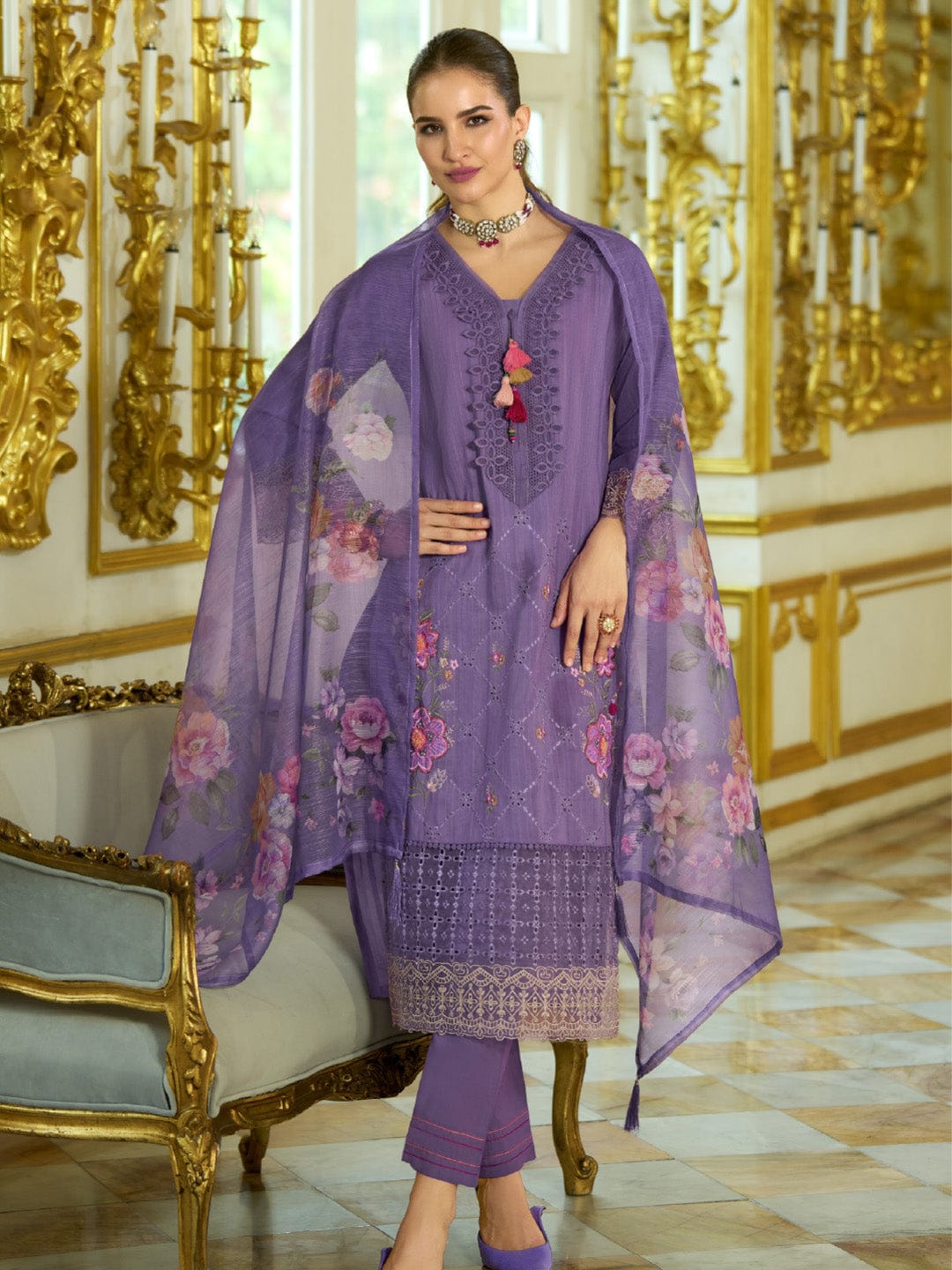 The Kurti Collection Women-Floral Motif Thread Embroidered Schiffli & Orangza Lace Detailed Kurta With Trouser & Dupatta