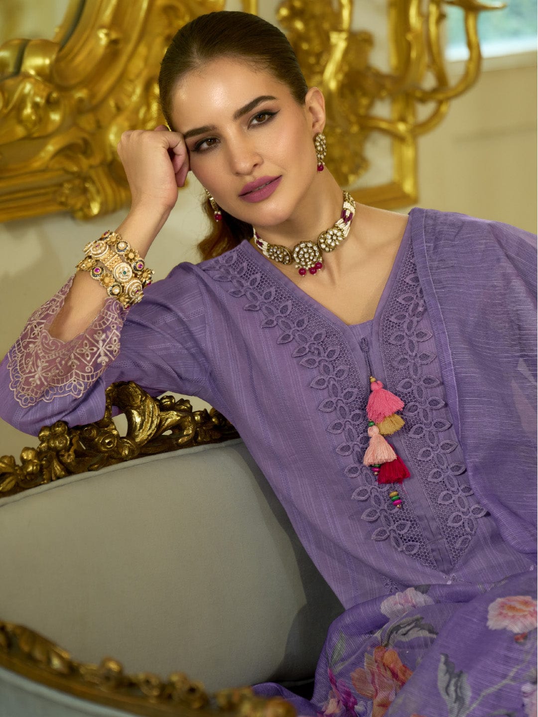 The Kurti Collection Women-Floral Motif Thread Embroidered Schiffli & Orangza Lace Detailed Kurta With Trouser & Dupatta