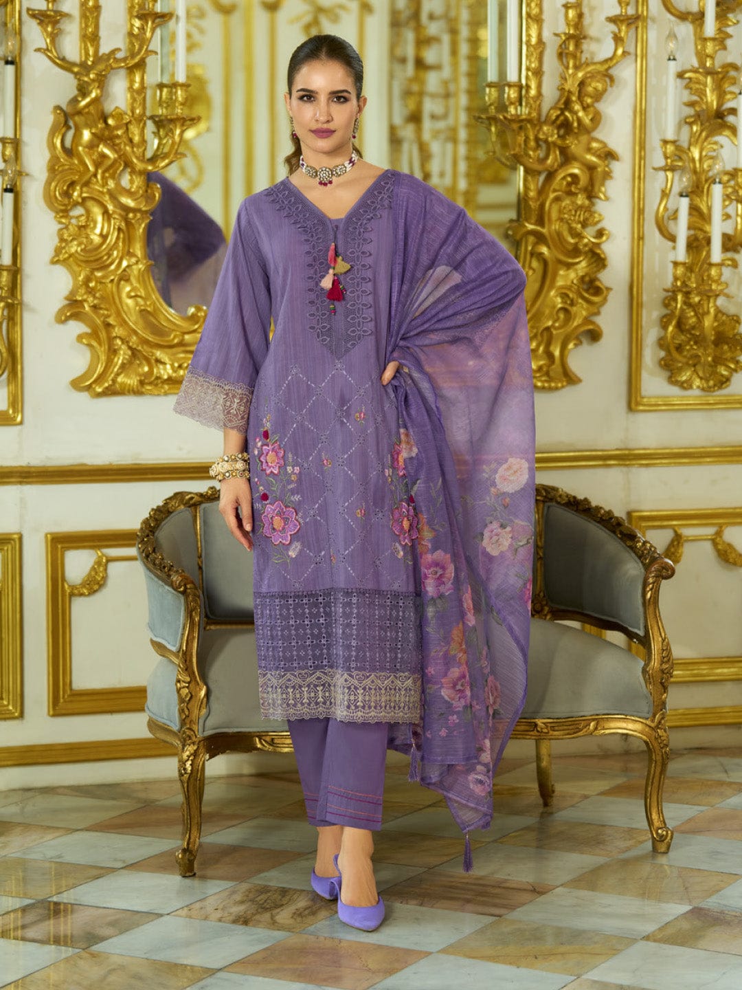 The Kurti Collection Women-Floral Motif Thread Embroidered Schiffli & Orangza Lace Detailed Kurta With Trouser & Dupatta
