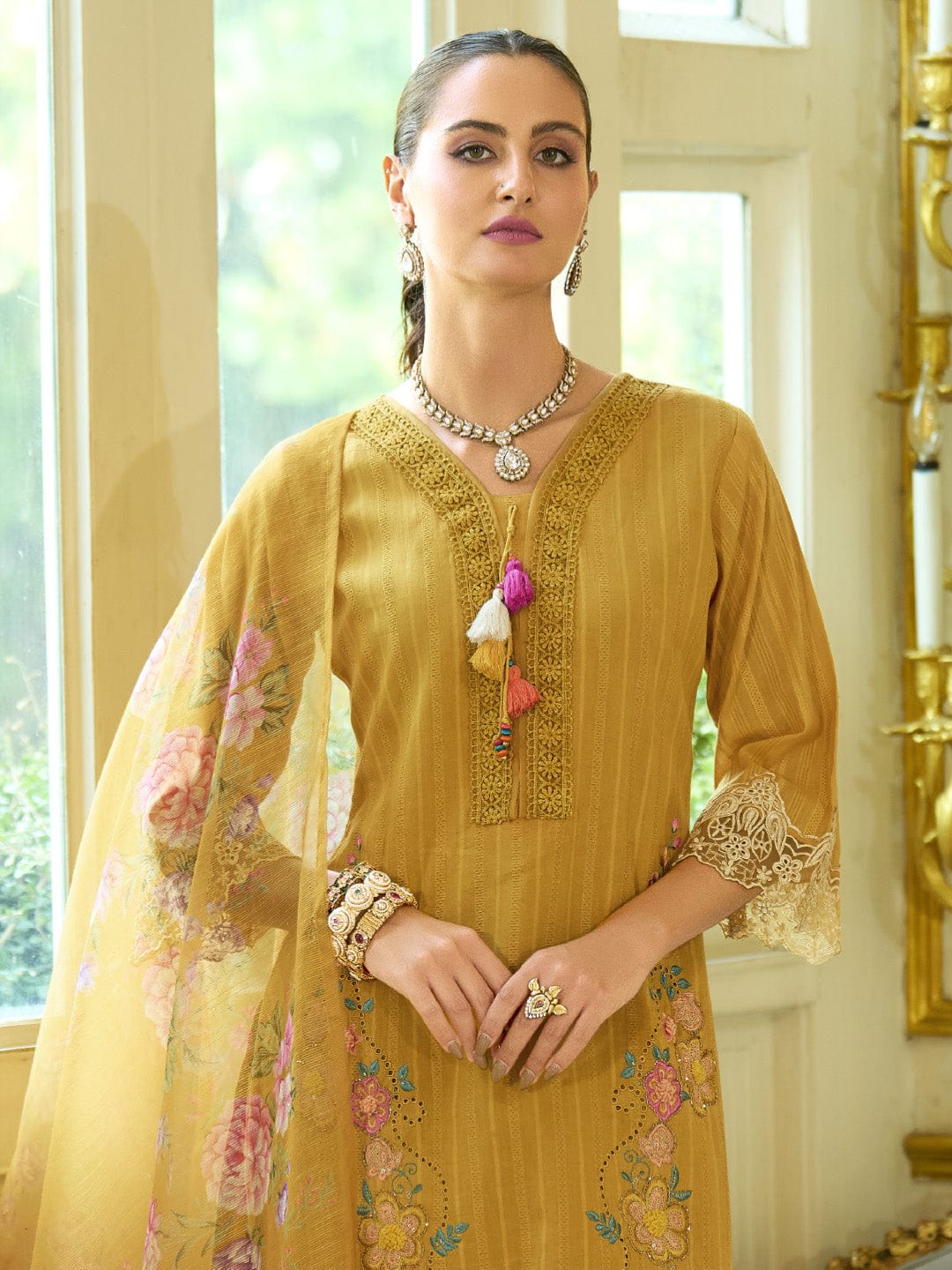 The Kurti Collection Women-Floral Motif Thread Embroidered Schiffli & Orangza Lace Detailed Kurta With Trouser & Dupatta