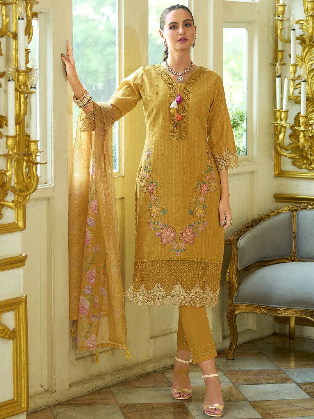 The Kurti Collection Women-Floral Motif Thread Embroidered Schiffli & Orangza Lace Detailed Kurta With Trouser & Dupatta