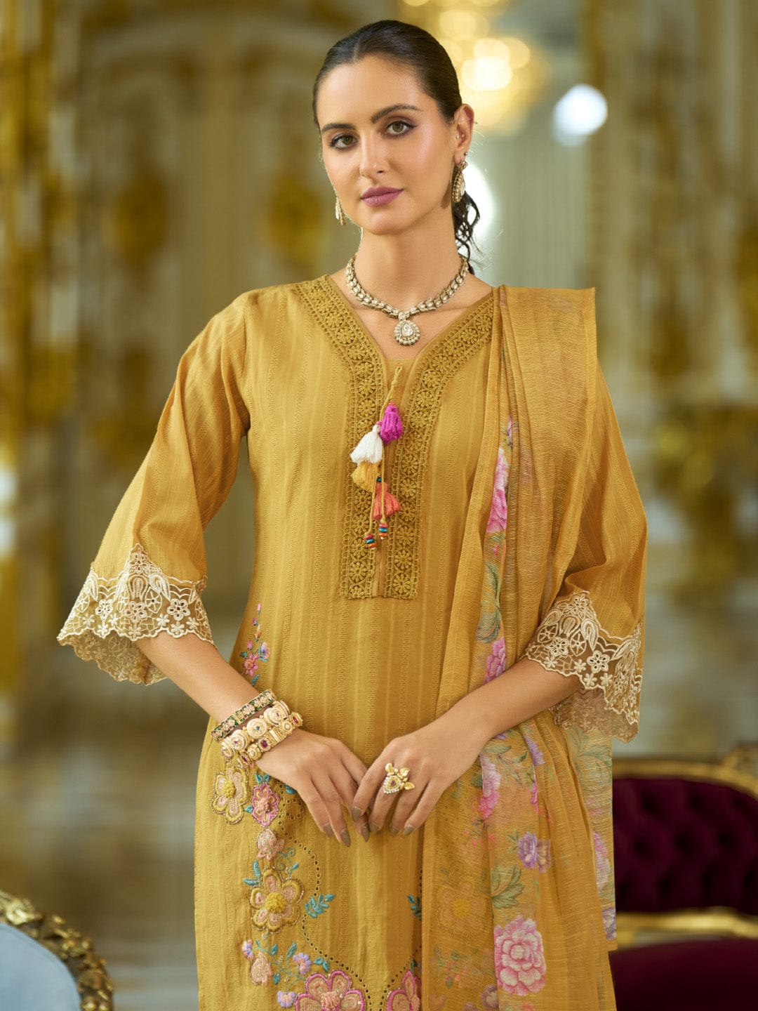 The Kurti Collection Women-Floral Motif Thread Embroidered Schiffli & Orangza Lace Detailed Kurta With Trouser & Dupatta