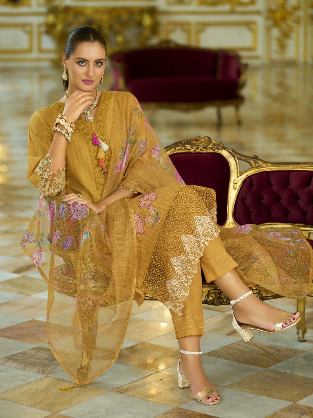 The Kurti Collection Women-Floral Motif Thread Embroidered Schiffli & Orangza Lace Detailed Kurta With Trouser & Dupatta