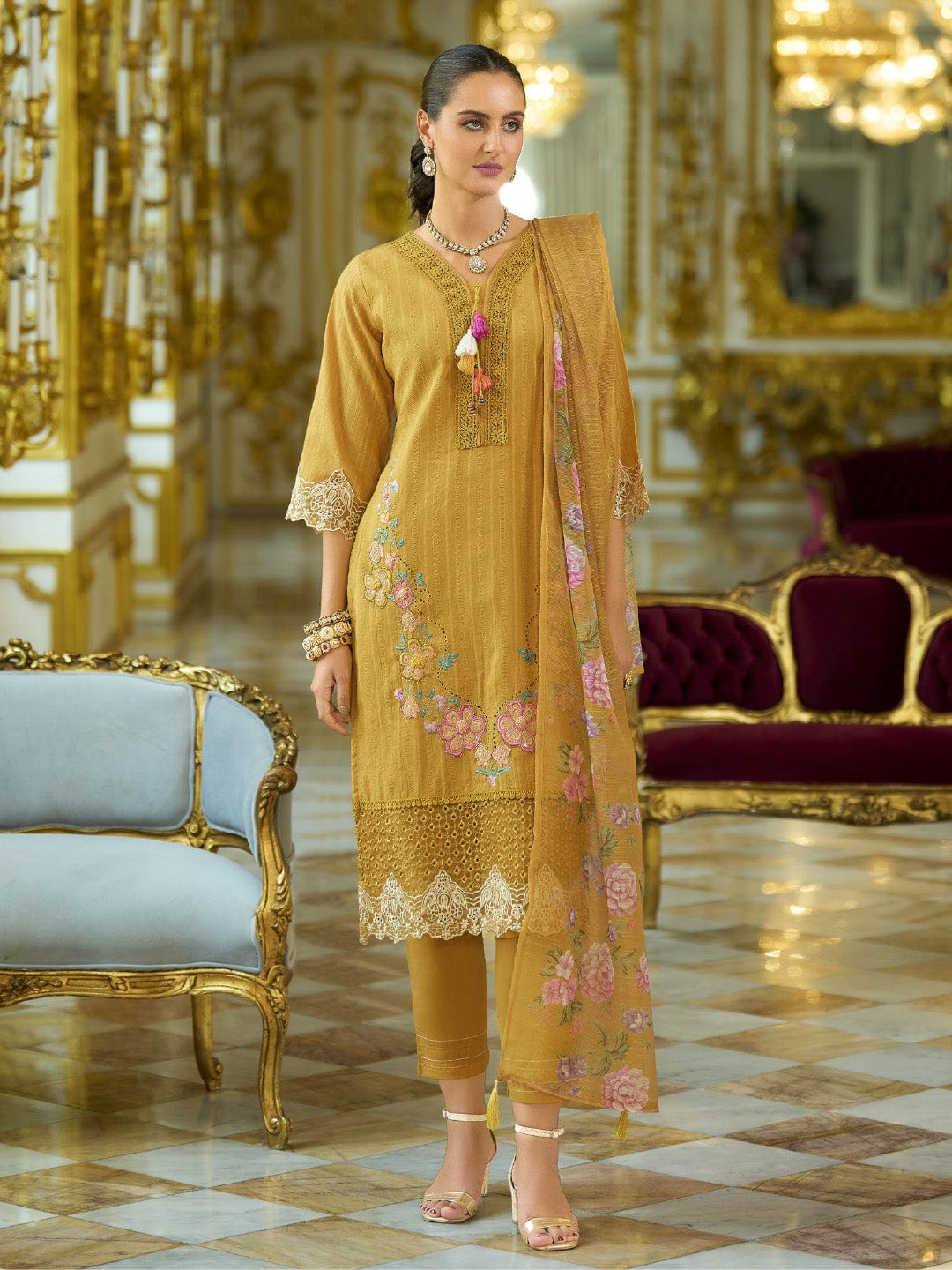 The Kurti Collection Women-Floral Motif Thread Embroidered Schiffli & Orangza Lace Detailed Kurta With Trouser & Dupatta