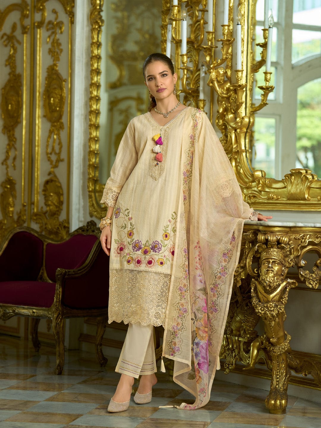 The Kurti Collection Women-Floral Motif Thread Embroidered Schiffli & Orangza Lace Detailed Kurta With Trouser & Dupatta